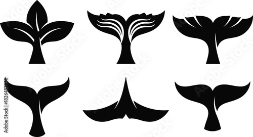 Whale tail vector, black silhouette illustration, stylized fluke designs, marine artwork, decorative ocean motif, aquatic-themed composition, minimal sea elements