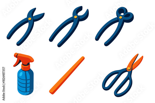 Bonsai Tool Icons. Isometric vector illustration set Bonsai Horticulture Tools: branch cutter, concave cutter, knob cutter, spray