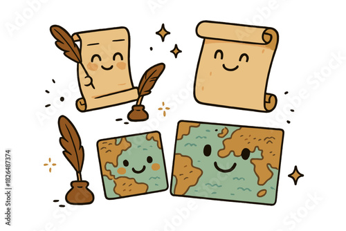 Cheerful Ancient Maps. Cute doodle Ptolemy's Geographia with cheerful ancient scrolls, cartoon quills writing, smiling maps with