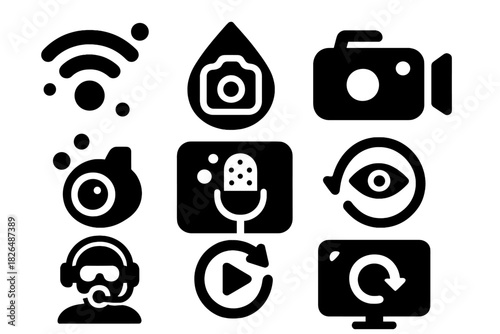 Underwater Tech Icons. Solid style icons of underwater tech broadcasting: match stream icon, waterproof camera badge, live
