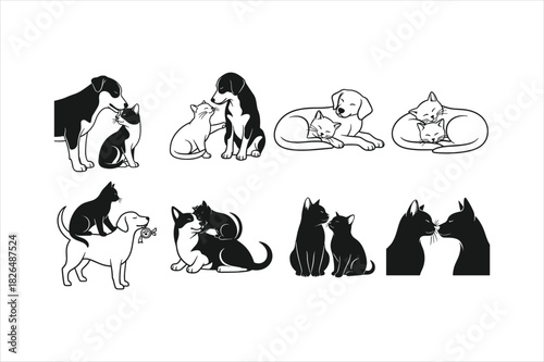 Collection of cute cats and dogs cuddling