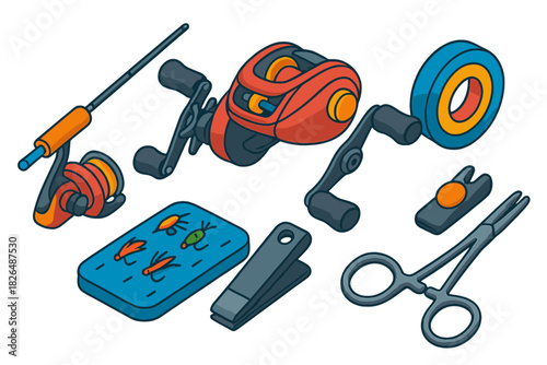 Fishing Gear Essentials. Isometric vector illustration set Fishing equipment – baitcasting rod, low-profile reel, fluorocarbon