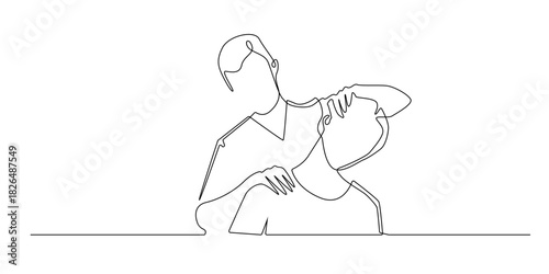 Continuous line drawing of a chiropractor assisting a patient. Single-line illustration depicting physical therapy, spinal adjustment, wellness care, rehabilitation, and medical treatment themes.