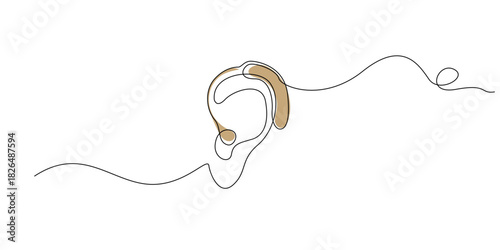 Continuous line drawing of an ear with a hearing aid. Minimal single-line illustration suitable for healthcare themes, audiology services, accessibility design, and medical awareness visuals.