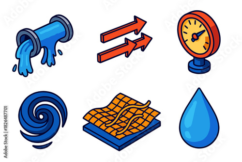 Fluid Dynamics Icons. Isometric vector illustration set Fluid Dynamics: flowing water pipe, velocity arrows, pressure gauge,