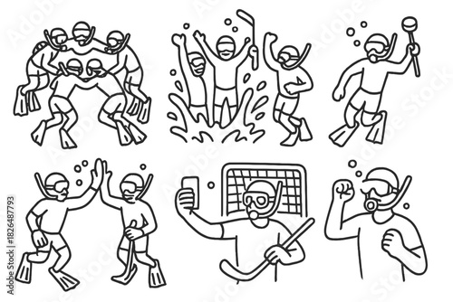 Underwater Hockey Celebrations. Line style icons of underwater hockey celebrations: team circle underwater, post-game splash, puck