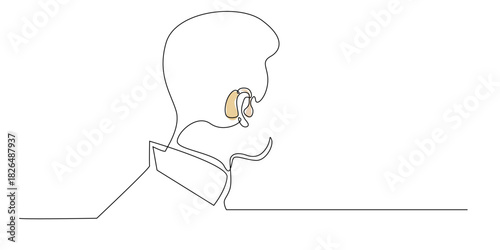 Continuous line drawing of a man wearing a hearing aid. Single-line illustration suitable for audiology themes, hearing support, medical accessibility, elder care, and health-related design.