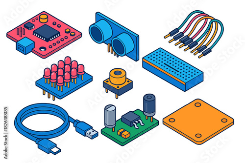 Robotics Kits Illustration. Isometric vector illustration set Robotics kits – microcontroller board, sensor module, breadboard;