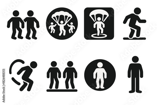 Synchronized Landing Icons. Solid style icons of synchronized landings: team foot-down icon, group flare badge, precision