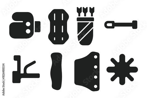 Archery Accessories Icons. Solid style icons of archery accessories: finger tab icon, arm guard badge, quiver slab. Stabilizer bar