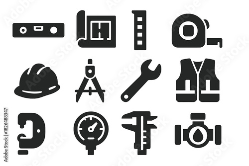 Solid Engineering Tools Icons. Solid style icons of Engineering tools: level, blueprint, survey rod, measuring tape, hard hat,
