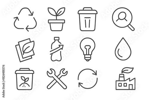 Eco Innovation Icons. Line style icons of Eco Innovation: Recycle Loop, Green Product, Waste Reduction, Resource Recovery;