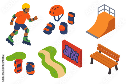 Park Rollerblading Fun. Isometric vector illustration set Park activities – rollerblader, knee pads, helmet; wrist guards, elbow