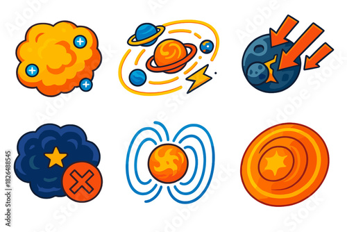 Space Phenomena Icons. Isometric vector illustration set Effects on Surrounding Space: ionized gas cloud, disrupted planetary