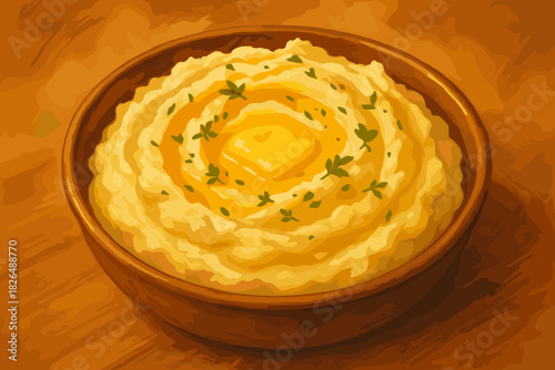 Creamy Mashed Potatoes. Creamy mashed potatoes topped with melted butter and fresh herbs, warm inviting tones, cozy and homely