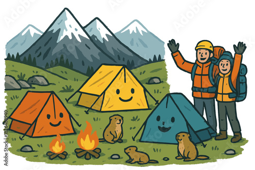 Alpine Camp Cheer. Alpine base camp with smiling tents, playful marmots, and climbers waving beside glowing campfires No text, No