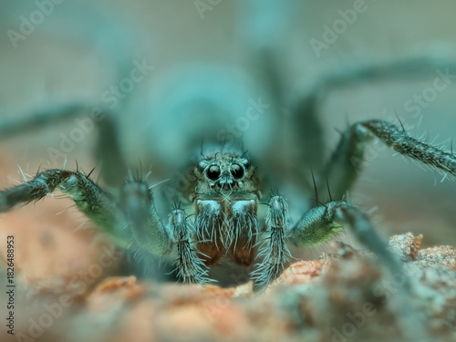 Wolf spider on the rotten wood seen from the front