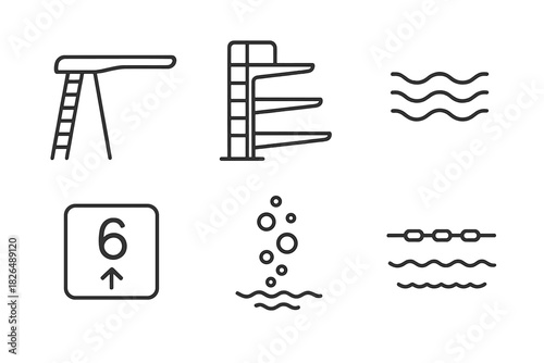 Diving Pool Icons. Line style icons of diving pool elements: diving board with ladder, platform levels sketch, water ripples in