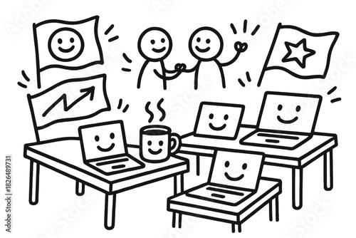 Playful Office Doodle. Cheerful doodle office scene with smiling desks, laptops with faces, coffee mugs grinning, motivational