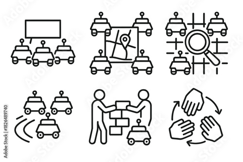 Collaborative Robot Tasks Icons. Line style icons of Collective Task Completion: object transport by multiple bots, area mapping