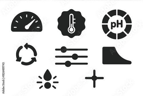 Dye Sensitivity Icons. Solid style icons of dye sensitivity levels: scale meter icon, temperature tier badge, pH ring panel. Hue