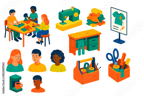 Sustainable Fashion Workshop. Isometric vector illustration set Sustainable fashion – communal mending workshop, sewing machine,