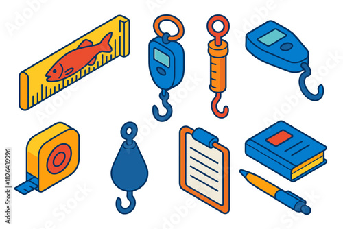 Fishing Gear Icons. Isometric vector illustration set Fishing equipment – fish ruler, digital scale, spring scale; measuring tape,