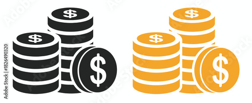Coins stack icon with dollar sign 3d golden and black white, depicting realistic stacked coins, money symbols
