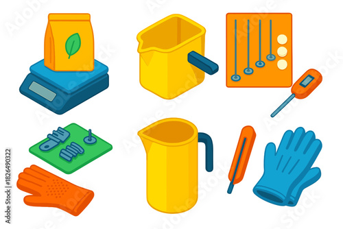 Candle Making Tools. Isometric vector illustration set Candle making – soy wax pouch, measuring scale, melting pot; wick selection