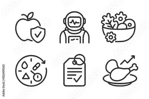 Diet Customization Icons. Line style icons of dietary customization: personalized nutrient icon, astronaut biometrics chart,