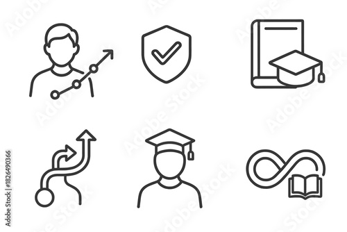 Lifelong Learning Icons. Line style icons of lifelong learning pathways: adult learner icon, upskilling path, reskilling badge,