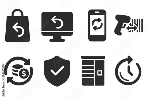 Returns and Exchanges Icons. Solid style icons of returns and exchanges: product return bag, digital return form icon, reverse