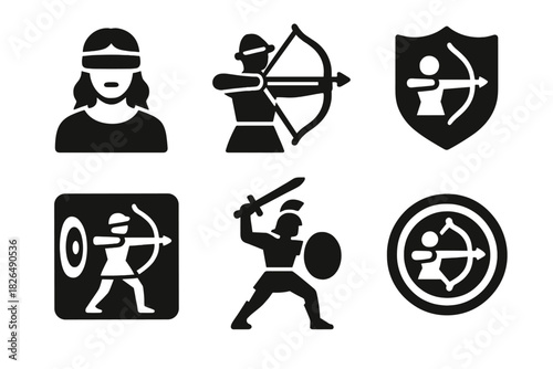 Historical Archery Icons. Solid style icons of historical inspirations: medieval blindfold icon, traditional archer slab, cultural