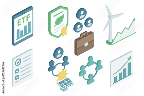 Ethical Investing Icons. Isometric vector illustration set of Ethical investing: ESG-focused ETF, carbon offset certificate, wind