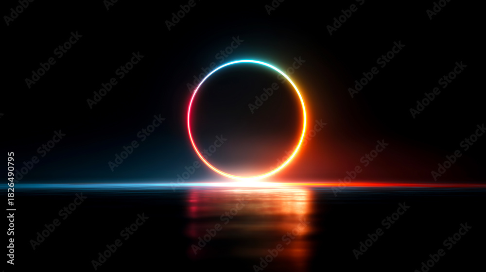 Fototapeta premium ネオンの円が浮かぶ未来感あふれる光の背景