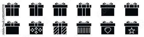 Black gift box icon set. Present, surprise, and Christmas gift silhouettes in modern outline style for graphic design resources.