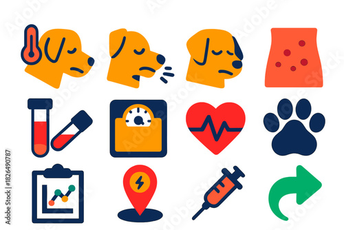 Animal Health Icons. Flat vector icons of animal health indicators: fever icon, cough, lethargy symbol, rash, blood sample, weight