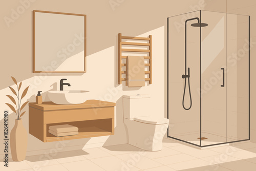 Serene Minimalist Bathroom. Modern bathroom interior vector illustration with minimalist décor and natural wood accents,