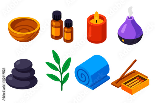 Colorful Skincare Icons. Isometric vector illustration set Skincare routine – wooden bowl, essential oil bottles, scented candle;