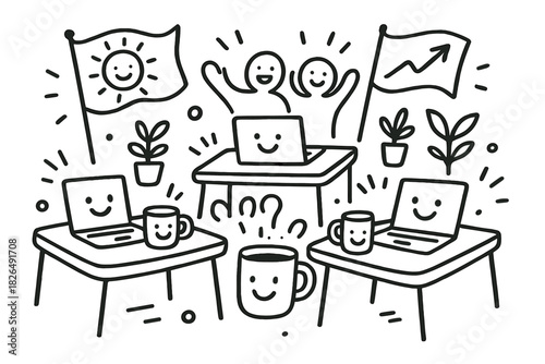 Playful Office Doodle. Cheerful doodle office scene with smiling desks, laptops with faces, coffee mugs grinning, motivational