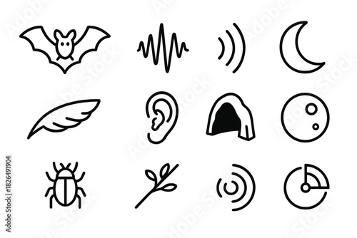 Animal Sensing Icons. Line style icons of Animal Sensing: Bat, Sound Wave, Echo, Prey Location; Wings, Ear, Cave, Moon; Insect,