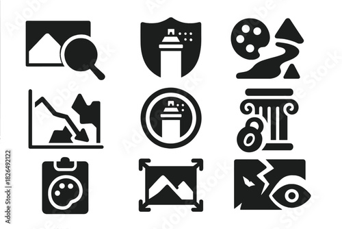 Artistic Vandalism Icons. Solid style icons of artistic vandalism critique: style analysis glyph, visual intent badge, aesthetic