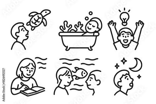 Iconic Marine Emotions. Line style icons of guest emotions and experiences: awe face at sea turtle, relaxation in reef bath,