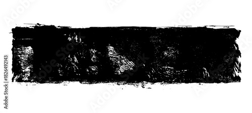 Black roller texture isolated on white background. Ink linocut. Black friday sale banner background. Grunge brush stroke. Hand-drawn artistic element with textured edges. Vector illustration, EPS 10.