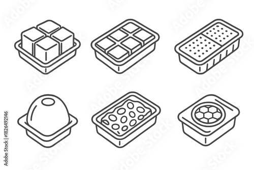 Edible Portion Packs Icons. Line style icons of edible food portioning packs: segmented gelatin cubes, chocolate grid divider,