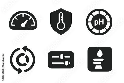 Dye Sensitivity Icons. Solid style icons of dye sensitivity levels: scale meter icon, temperature tier badge, pH ring panel. Hue
