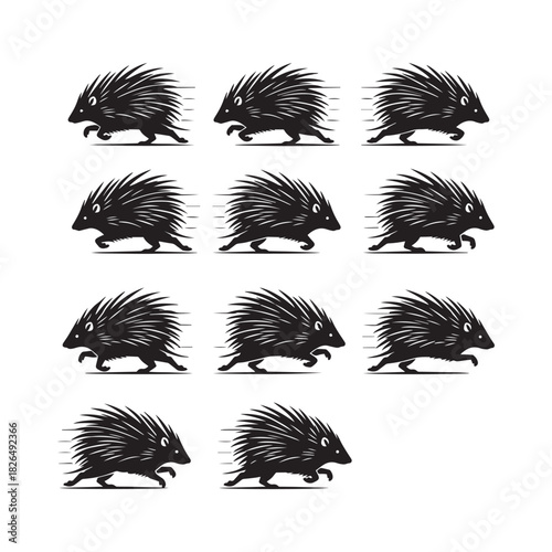 porcupine full body silhouette vector, porcupine animal silhouette art, porcupine walking pose outline, porcupine standing silhouette, porcupine defensive pose vector, porcupine quills silhouette art,
