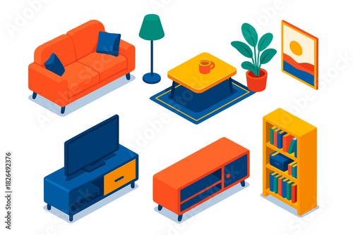 Vibrant Living Room. Isometric vector illustration set Interior layout – living room sofa, coffee table, floor lamp; area rug,