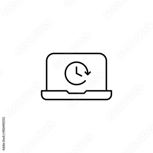 Clock on laptop. Work hours, project deadline and user screen time. Pixel perfect, editable stroke vector icon