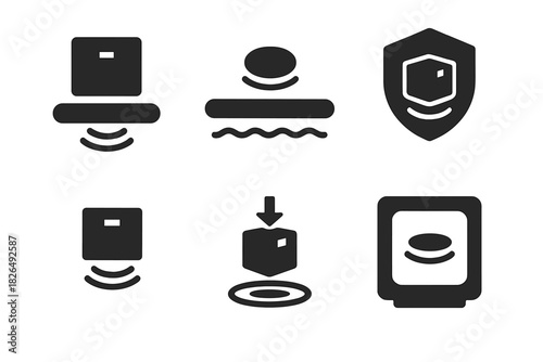 Levitation Logistics Icons. Solid style icons of levitation in zero contact transport: floating package over platform, contactless